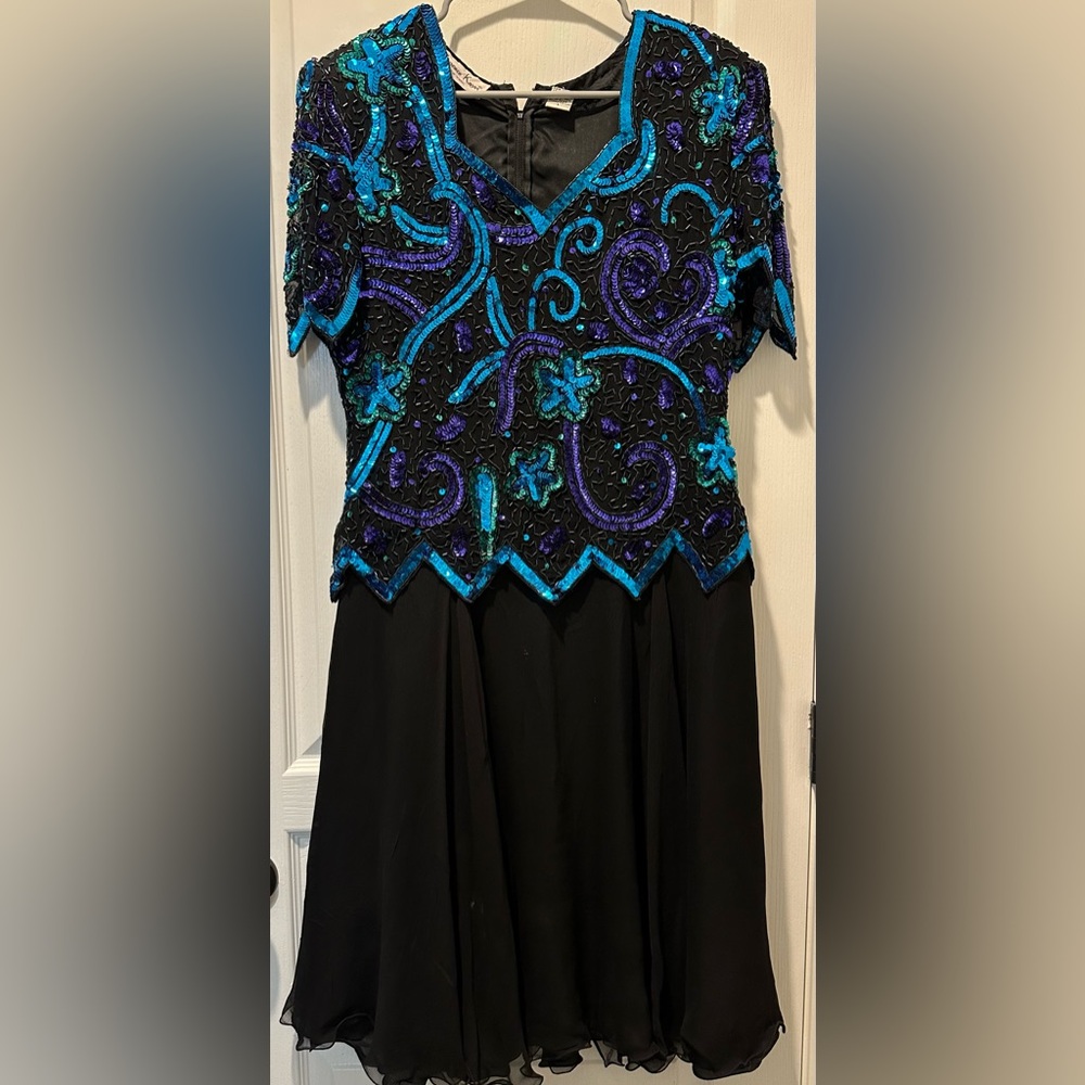 Vtg 80s Laurence Kazar Quintessential Eye-Popping Sequin Design Full Silk Skirt